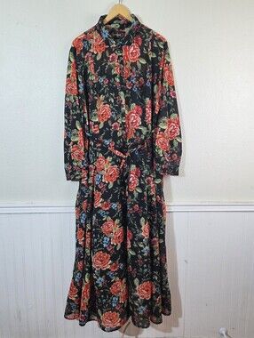 Sporting Jeans 1X Black Floral Maxi Dress Sheer Top Peony Button Front Belt Boho